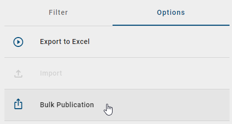 This screenshot shows the option "bulk publication" in the right side bar of the catalog list.