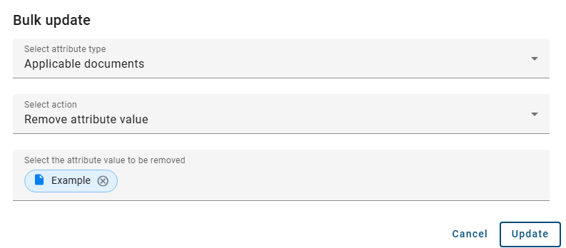 The screenshot shows the option to remove an attribute value in the bulk update.