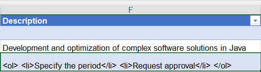 The screenshot shows an Excel example containing a list of two documents, where one of them contains HTML-tags within the attribute "Description".