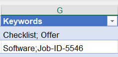 The screenshot shows an Excel example with a document as list entry, whereby this document contains the multi-value attribute keywords.