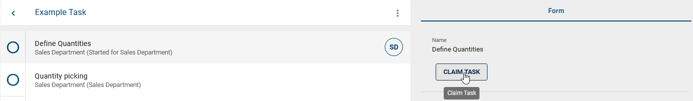 The screenshot shows a task in a case, which has been assigned to your group. The task has been started, thus there is a button to claim the task in its form.