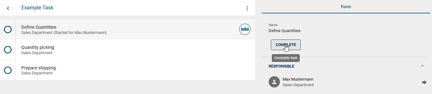 An optically highlighted and selected task in a case is displayed here, after the task has been selected within the "My tasks" area.