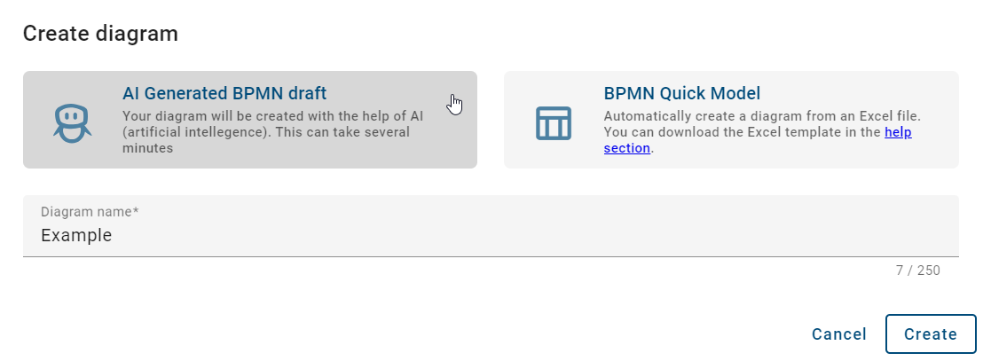 The screenshot shows the dialog window for creating a new diagram in which you can use the "AI-generated BPMN draft".