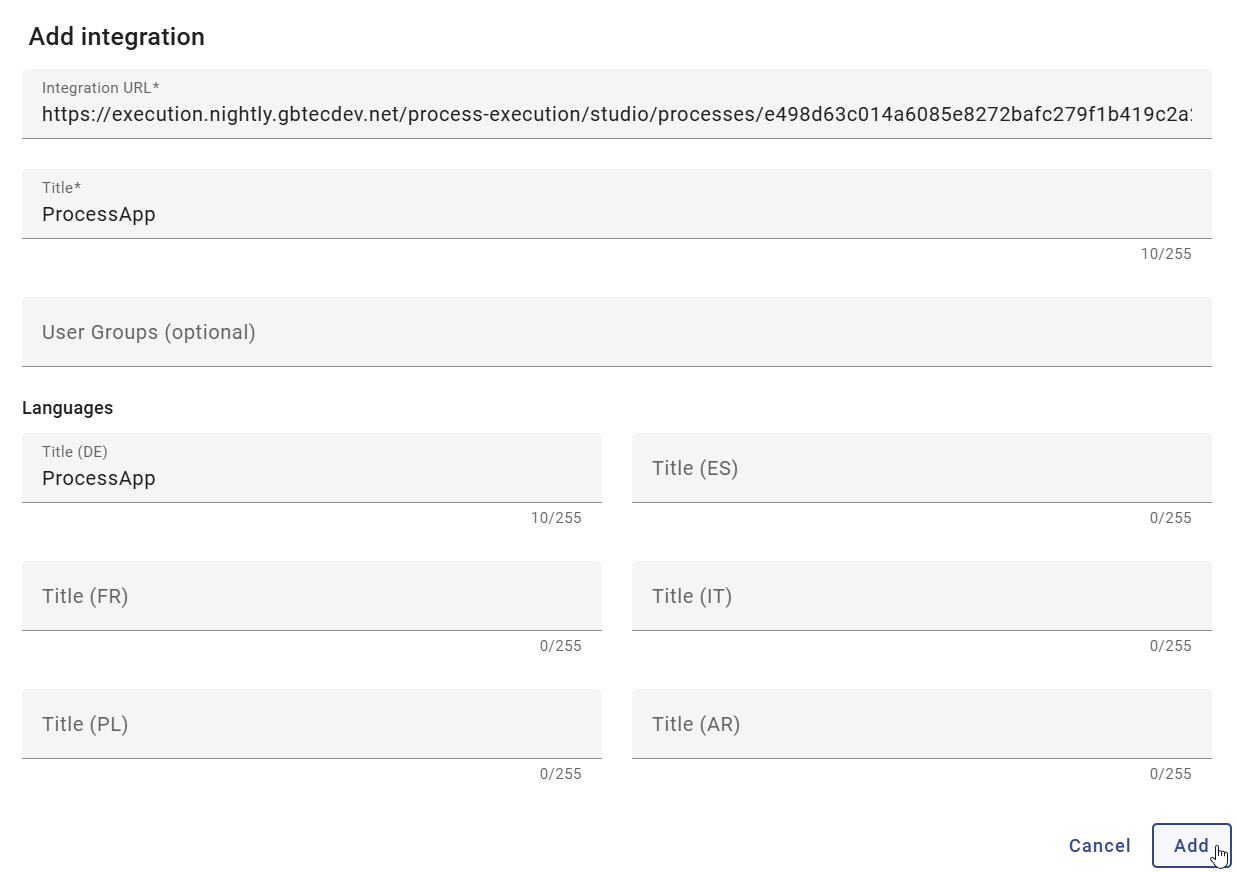 The screenshot shows the input field for creating an integration in BIC Process Design.