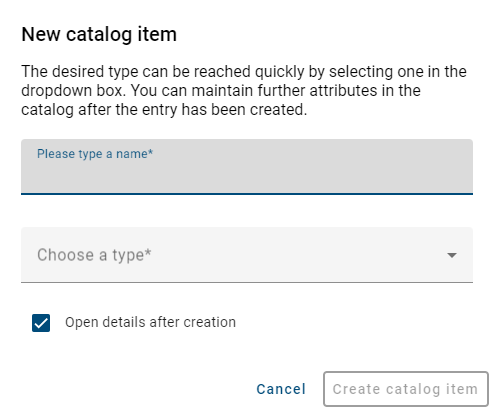 The screenshot shows the dialog window where you can select the type of the new catalog item.
