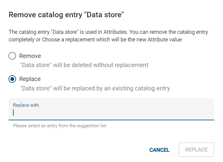 The screenshot shows the dialog window to make the decision on deleting or replacing a catalog item.