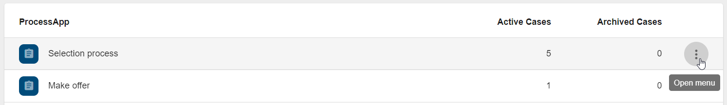 The screenshot shows the list of ProcessApps in the administration with the option "Open menu".
