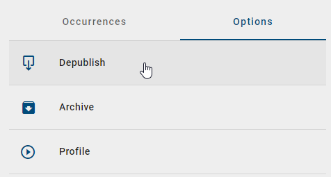 This screenshot shows the option "Depublish" for a catalog item in the options panel.