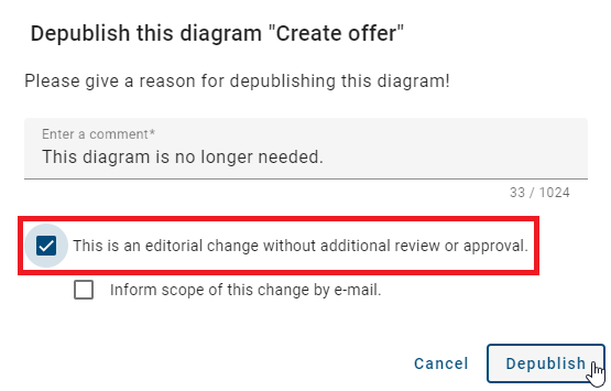 The screenshot shows the dialog window with the activated checkbox for editorial changes.
