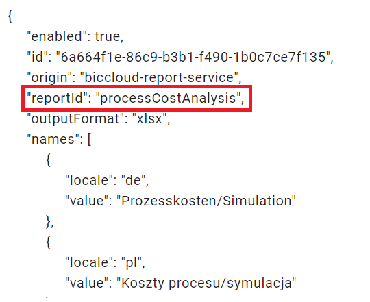 The screenshot shows the report descriptor with the variable "reportId" highlighted.