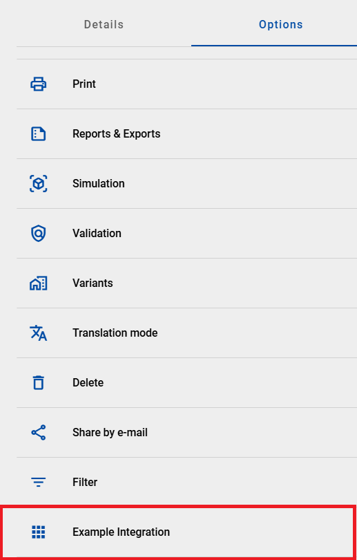 The screenshot shows the integration in the right sidebar in the “Options” tab in the “Diagrams” menu item.
