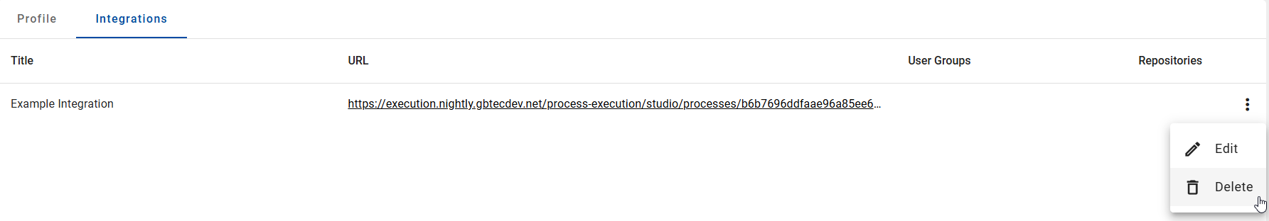 The screenshot shows the option to delete an integration.