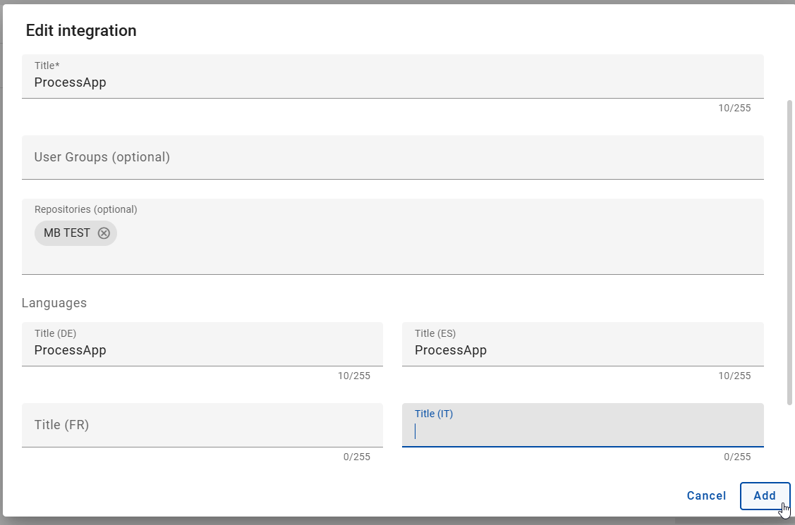 The screenshot shows the option to add an integration.
