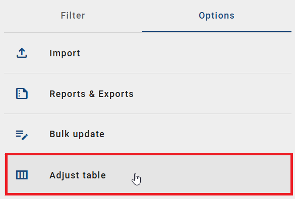 The screenshot shows the "Adjust table" button in the "Options" panel of the diagram list.