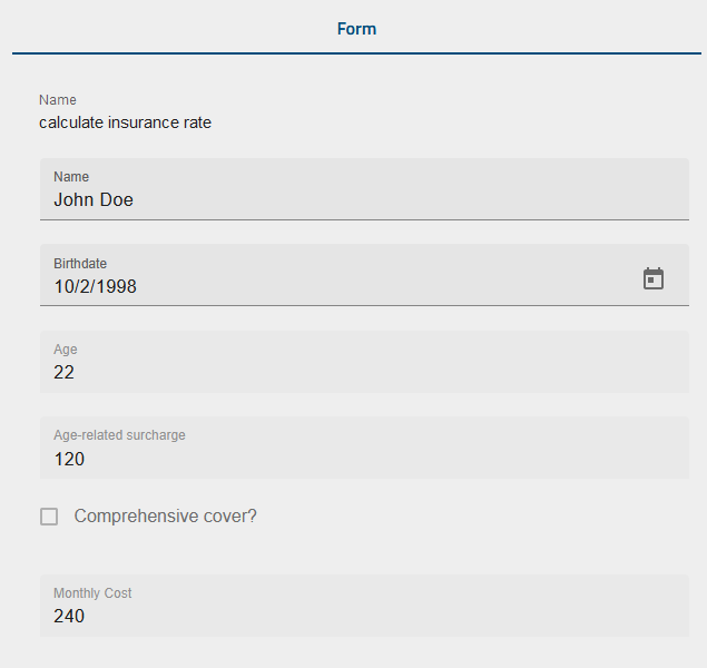 This screenshot shows the form in BIC Process Execution.