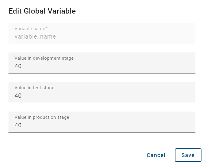 The screenshot shows the dialog window for editing a global variable.