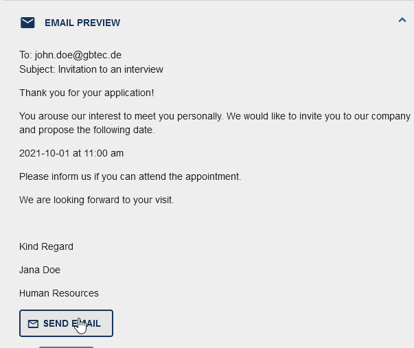 The screenshot shows the email preview in the form of the task in BIC Process Execution.