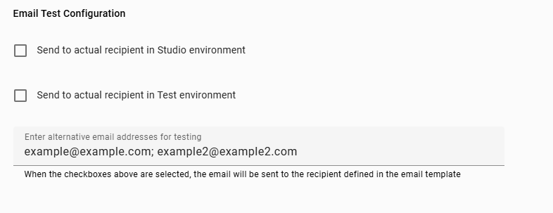 The screenshot shows the option to enter alternative test email addresses.
