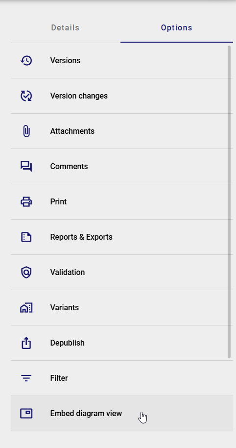 The screenshot shows the opened "Options" panel in the right sidebar with the "Embed diagram view" option.