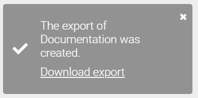 The screenshot shows a toast with a link to start the download of an export.
