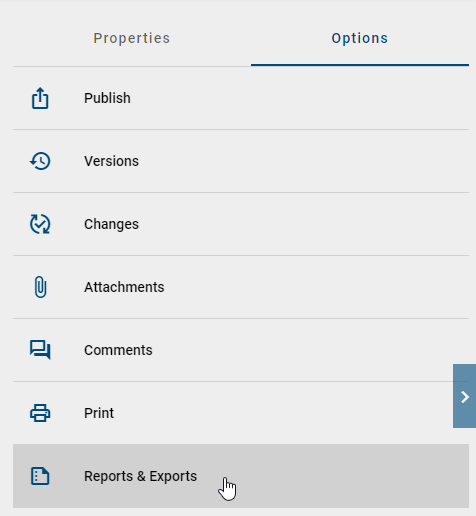 The screenshot shows the option "Exports & Reports" in the ride sidebar.