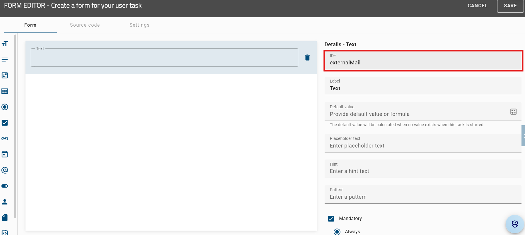 The screenshot shows a form editor with the ID “externalMail”.