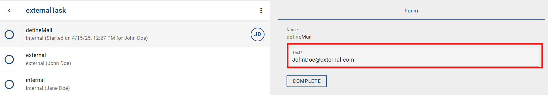 The screenshot shows where to put in the external mail in the ProcessApp.