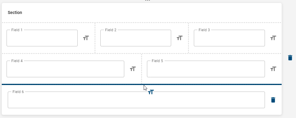 The screenshot shows multiple rows in a section field in the form editor.