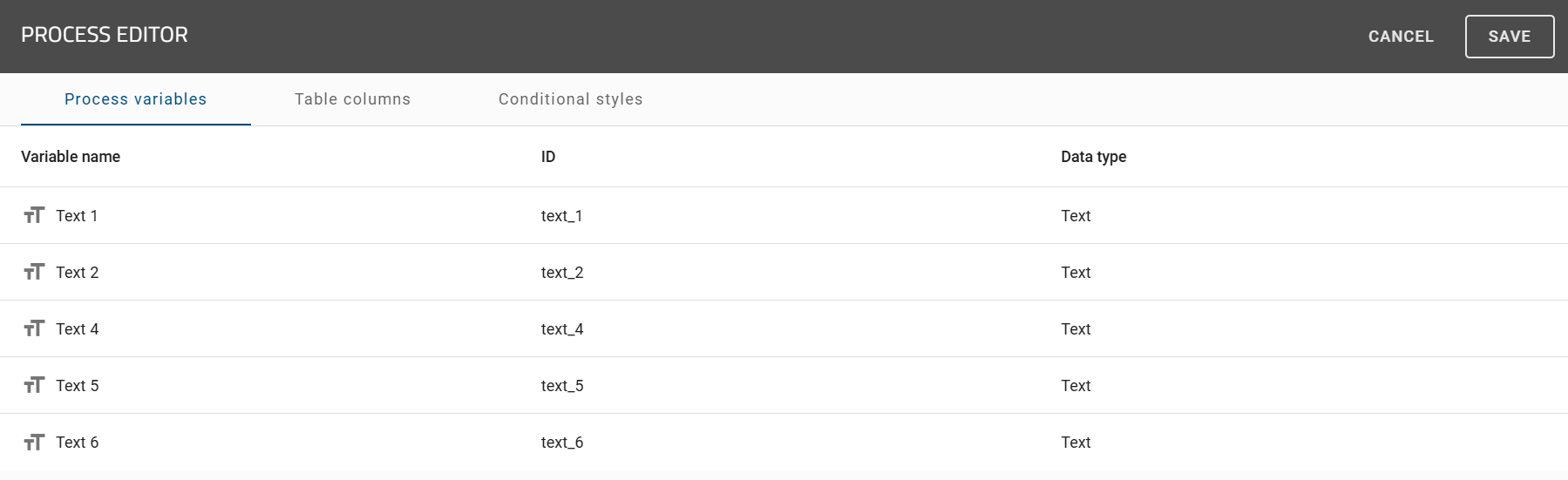 The screenshot shows the process edutir with the select "Process variables" tab and all available process variables.
