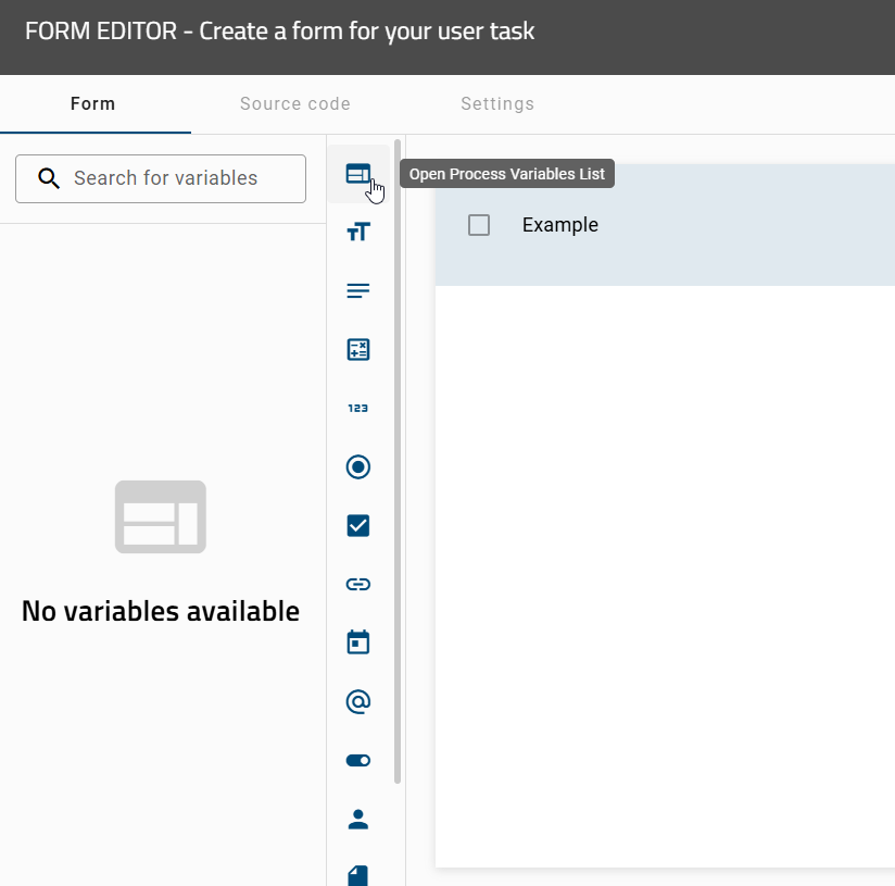The screenshot shows the option to view a list of all process variables you have created in the form editor.