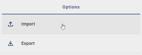 The screenshot shows the option "Import" in the options panel.