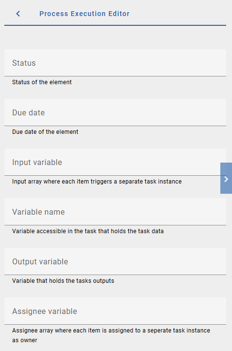 The screenshot shows the input options for a multiple instance activity in the Process Execution Editor.