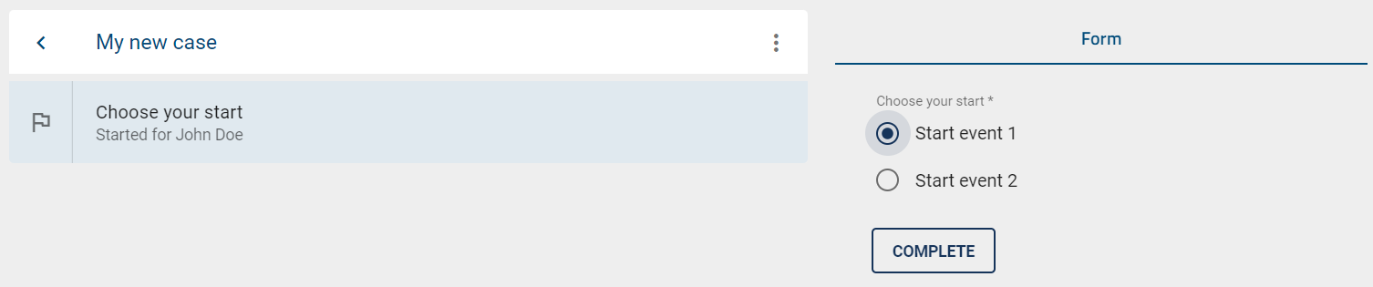 The screenshot shows the process flow view of a case. In the form of the start event, the case owner can choose a start point.