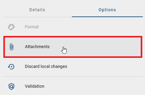 The screenshot shows the option "Attachments" in the options.