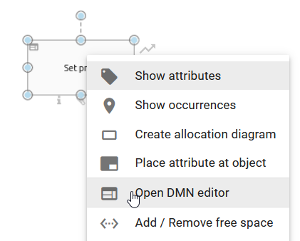 The screenshot shows the "Open DMN editor" button within the context menu of a decision object.
