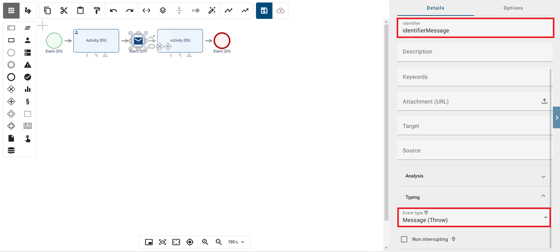 The screenshot shows the option to specify an "Identifier" and an event type in detail in the right sidebar.