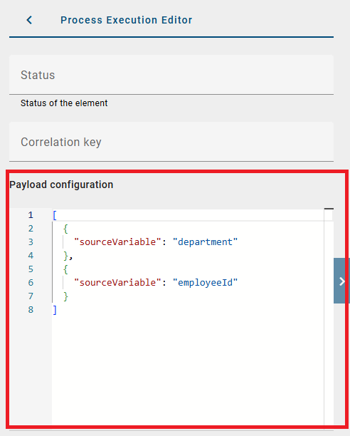 The screenshot shows the payload configuration in the Process Execution Editor and the option to define process variables using a JSON structure.