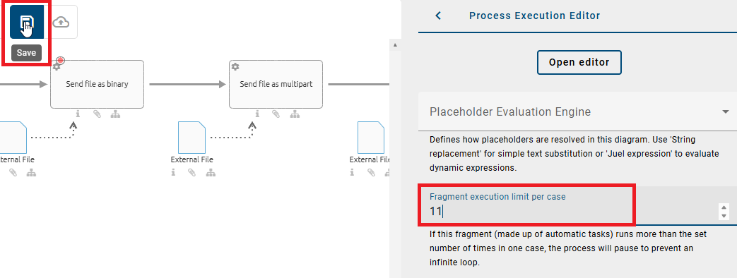 The screenshot shows how to safe after setting a "fragment execution limit per case".