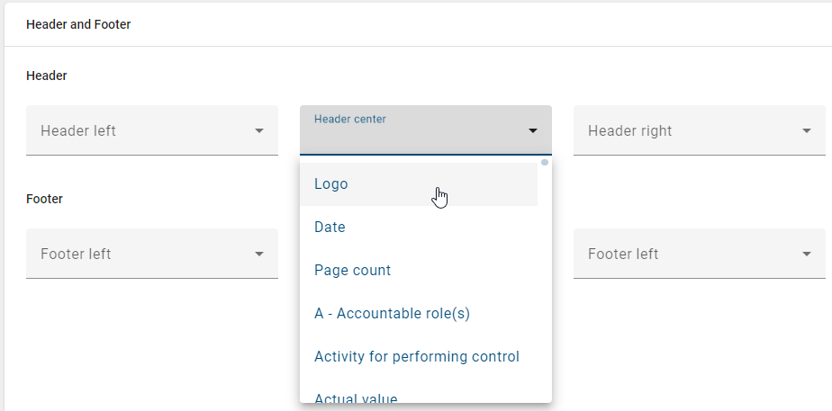 The screenshot shows the options for presenting information in the header and footer.