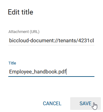 This screenshot shows the dialog "Edit title" of attachments (URL).