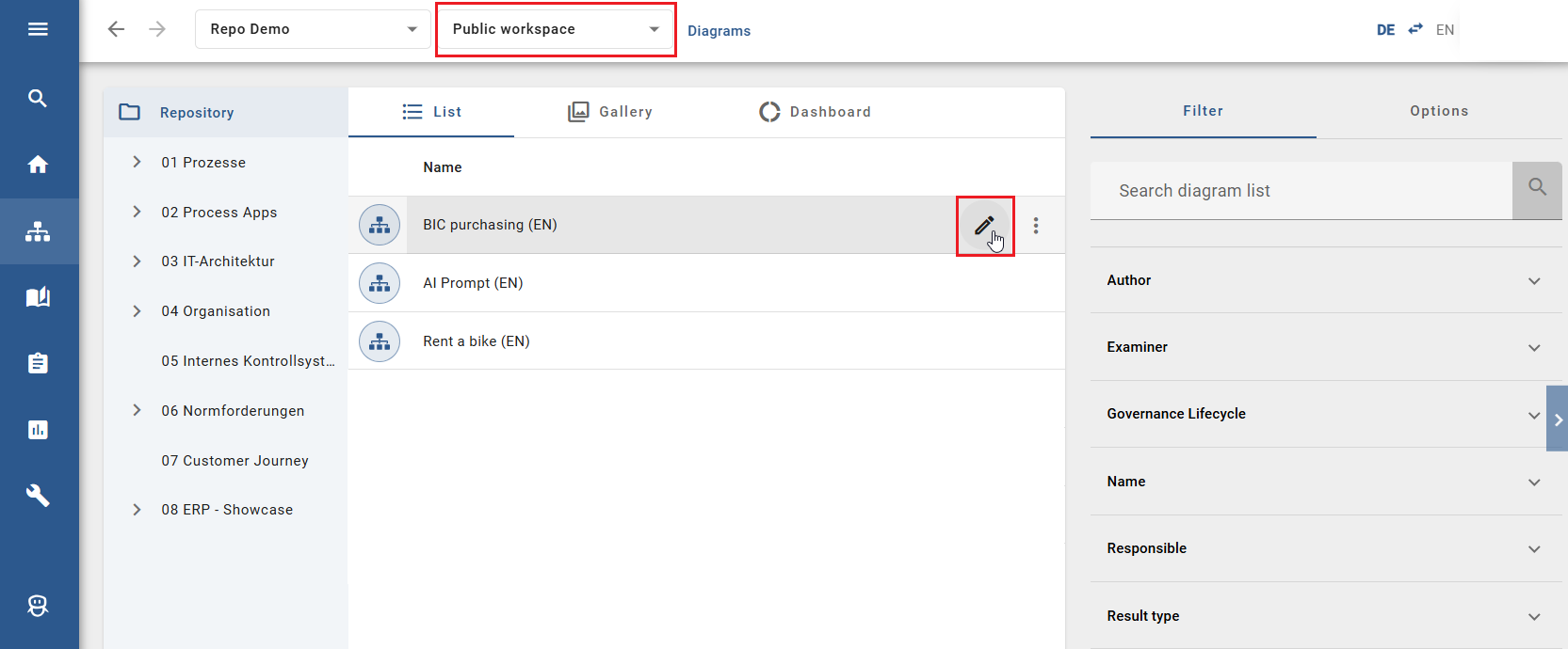 The screenshot shows the option to rename a diagram in the diagram list.