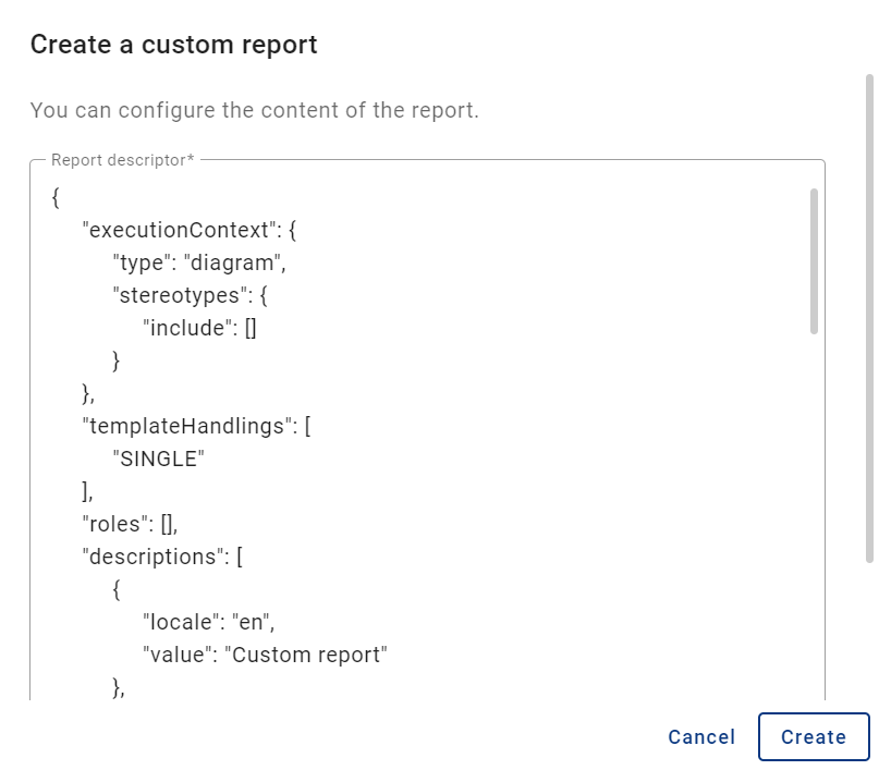 The screenshot shows the dialog window for creating a new report.