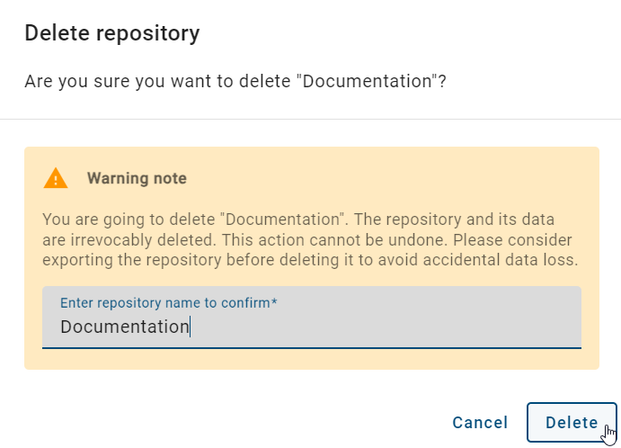The screenshot shows the dialog window for deleting a repository.