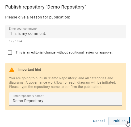 The screenshot shows the dialog window for publishing a repository.