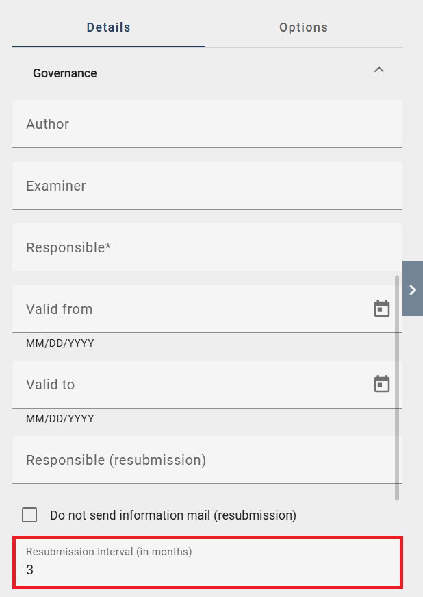 The screenshot shows how you can adjust the value of the "Resubmission interval (in months)" attribute in the "Governance" attribute group.