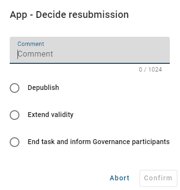 The screenshot shows the window of the task "resubmission" with the options "Depublish", "Extend validity" and "End task and inform Governance participants".