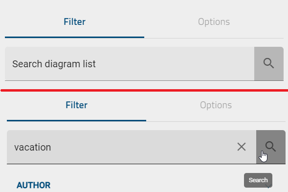 The screenshot shows the "Search" button in the filter panel.