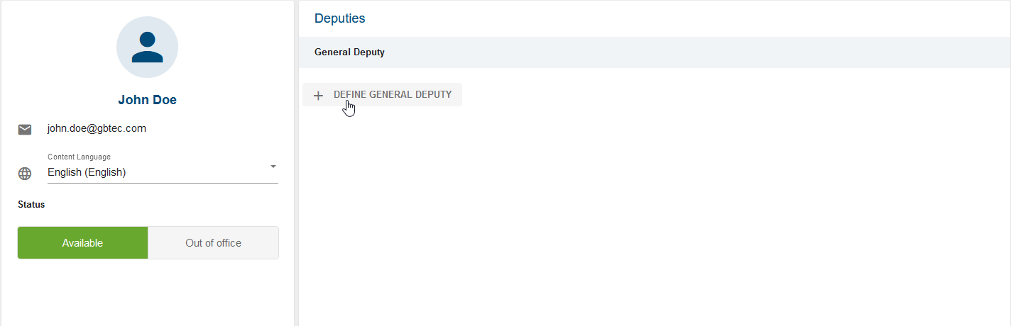 The screenshot shows an overview of the deputy screen and the button *Define General Deputy*.
