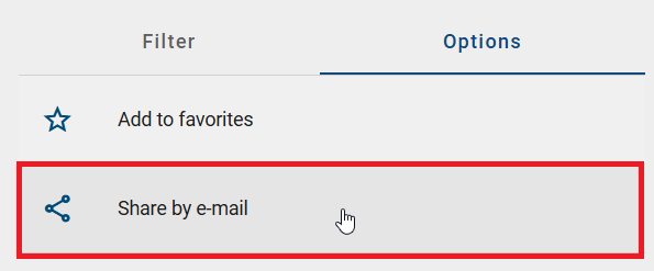 The screenshot shows "Share by e-mail" option in the "Options" panel of a search result.