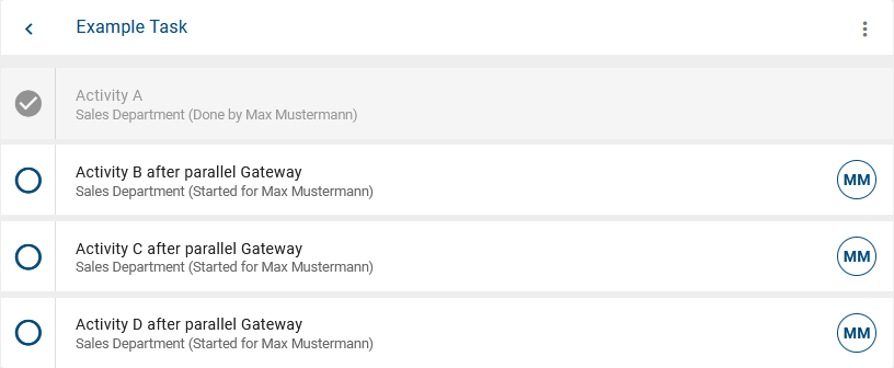 This screenshot displays a case in which the first task of the process flow has been completed and the following tasks after a parallel gateway have been started automatically.